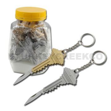 24pc Key Shape Knife Key Chain Sil/Gld 2.5" Closed